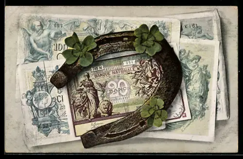 AK Geldscheine Zwanzig, Hundert Francs, mit Hufeisen und Kleeblättern