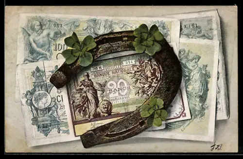 AK Geldscheine Zwanzig, Hundert Francs, mit Hufeisen und Kleeblättern