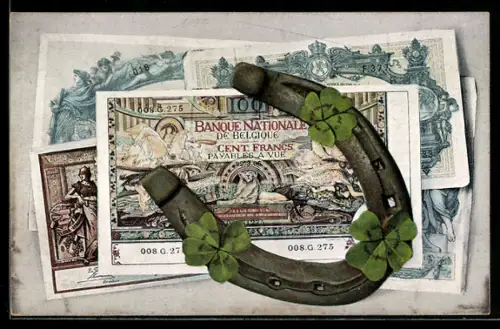 AK Belgische Geldscheine mit Kleeblättern und Hufeisen