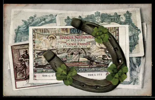 AK Belgische Geldscheine mit Kleeblättern und Hufeisen