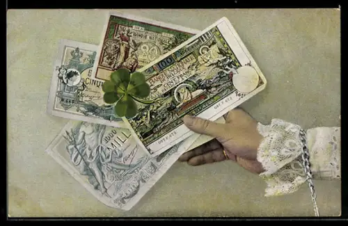 AK Hand mit Geldscheinen und Kleeblatt, Neujahrsgruss