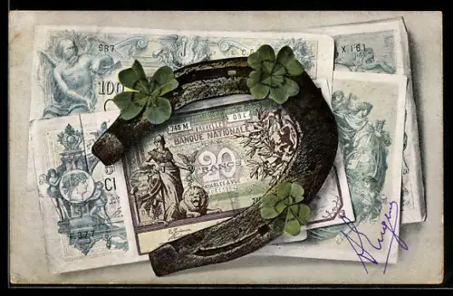 AK Geldscheine Zwanzig, Hundert Francs, mit Hufeisen und Kleeblättern