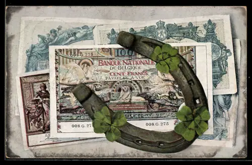 AK Belgische Geldscheine mit Kleeblättern und Hufeisen