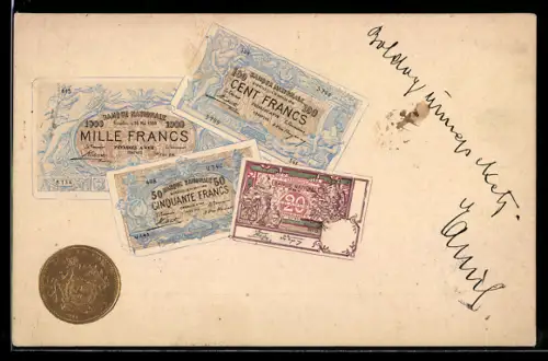 Präge-Lithographie Francscheine u. goldene Münze