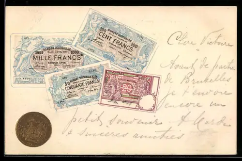 Präge-Lithographie Vier Francscheine und eine goldene Münze