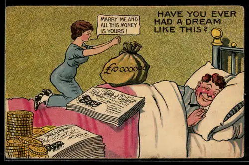 Künstler-AK Marry me and all this money is yours!, Schlafender und Dame mit Geld