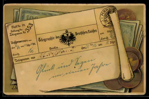 AK Telegraphie Karte & Münzen