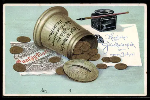 AK Spardose mit Geldmünzen, Tintenfass und Geldschein