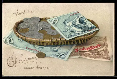 AK Korb mit Geldmünzen- und Scheinen, Neujahrsgruss