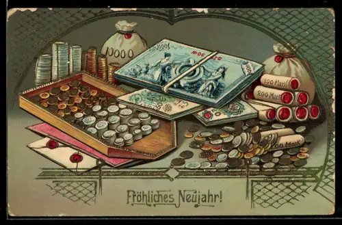 Präge-AK Geldscheine, Münzen, Rollen und Säcke, Brief, Neujahrsgruss