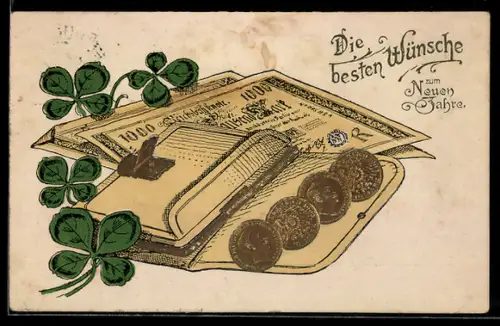 AK Portemonnaie mit Geldmünzen- und Scheinen, Kleeblätter, Neujahrsgruss