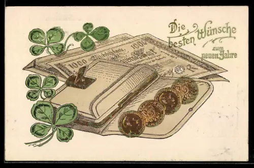 AK Geldbörse, Geldscheine und Glücksklee, Neujahrsgruss