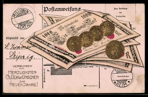 Präge-AK Postanweisung, 1000-Mark-Scheine, Münzen, Neujahrsgruss