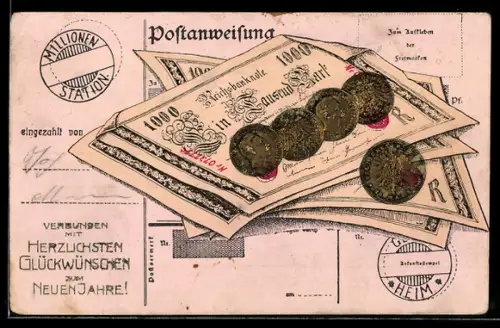 Präge-AK Postanweisung, 1000-Mark-Scheine, Münzen, Neujahrsgruss