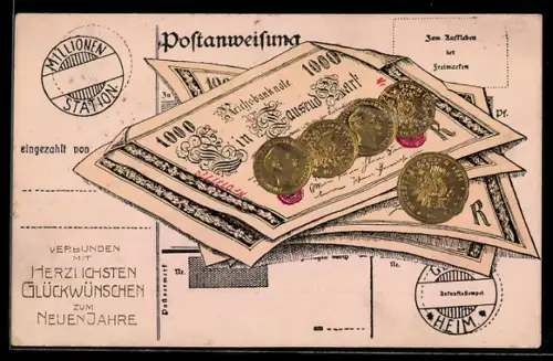 Präge-AK Postanweisung, 1000-Mark-Scheine, Münzen, Neujahrsgruss