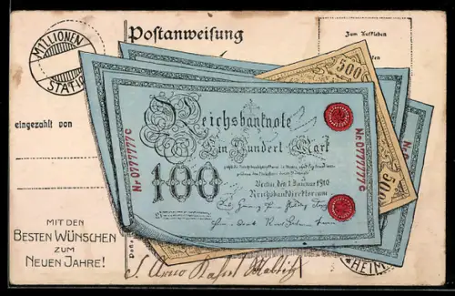 AK Reichsbanknoten u. Geldstücke, Neujahr