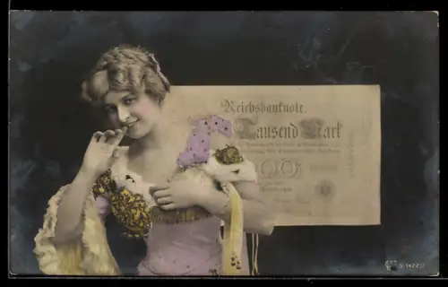 AK Frau steht vor 1000-Markt Geldschein