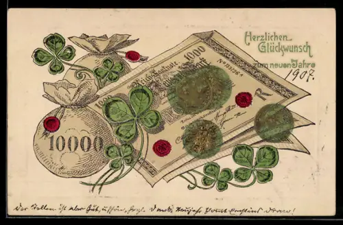 Lithographie Glückwunsch zum neuen Jahre, Banknoten und Münzen