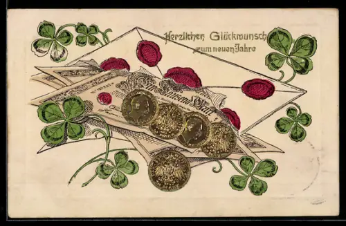 Präge-AK 1000-Markscheine, Münzen, Glücksklee, Briefumschlag, Neujahrsgruss