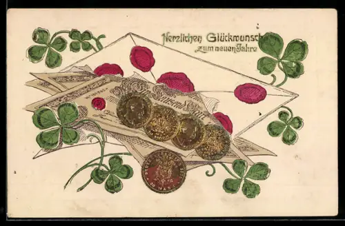 Präge-AK 1000-Markscheine, Münzen, Glücksklee, Briefumschlag mit Siegel, Neujahrsgruss