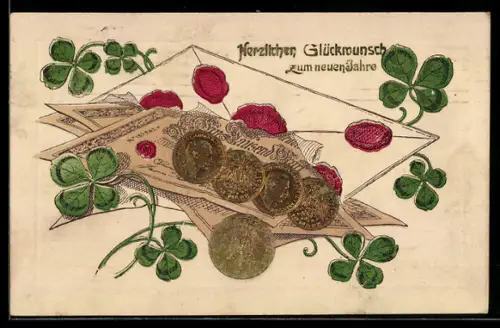 Präge-AK 1000-Markscheine, Münzen, Glücksklee, versiegelter Briefumschlag, Neujahrsgruss