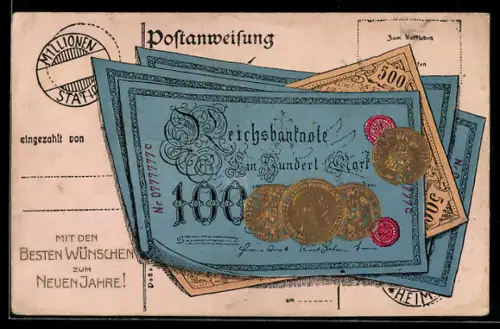 AK Münzen und Geldscheine, Reichsbanknote 100 Mark, Neujahrsgruss