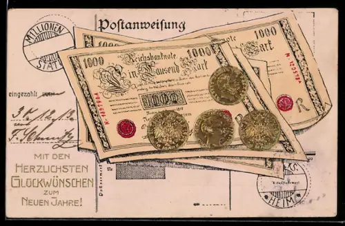 AK Geld, 1000-Mark-Scheine und 20-Mark-Münzen