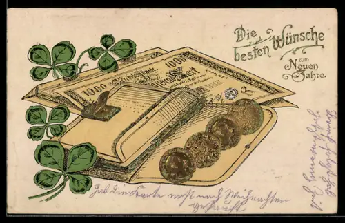 AK Portemonnaie mit Geldmünzen- und Scheinen, Kleeblätter, Neujahrsgruss