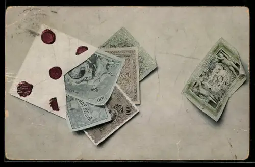 AK Geldnoten und geöffneter Briefumschlag mit Siegeln