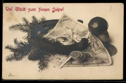 AK Geldscheine u. Münzen, Steinpilz, Hufeisen, Tannenzweig, Neujahrsgruss