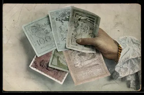 AK Hand hält sechs Geldscheine über 5 bis 1000 Mark, Geld