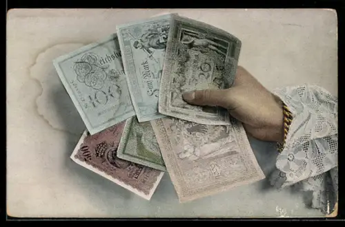 AK Hand hält sechs Geldscheine über 5 bis 1000 Mark, Geld
