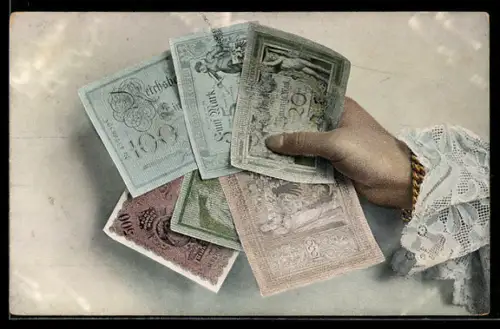 AK Hand hält sechs Geldscheine über 5 bis 1000 Mark, Geld