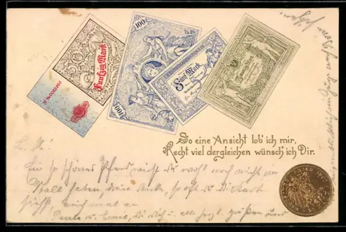 Präge-Lithographie So eine Ansicht..., 10-Mark-Münze und Geldscheine