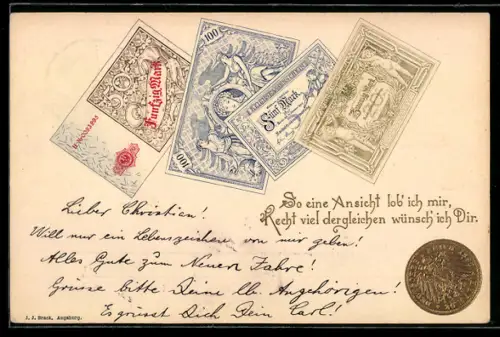 Präge-Lithographie So eine Ansicht lob ich mir..., 10-Mark-Münze und Geldscheine