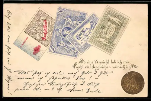 Präge-Lithographie So eine Ansicht..., 10-Mark-Münze, Geldscheine