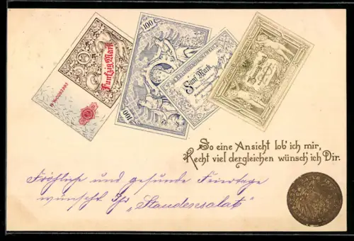 AK So eine Ansicht lob` ich mir..., Banknoten und Münze