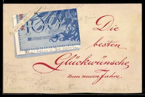 Lithographie Gefalteter Geldschein, Neujahrsgruss