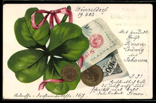 Lithographie Glücksklee mit Münzen und 100-Mark-Schein, Namenstagsgruss