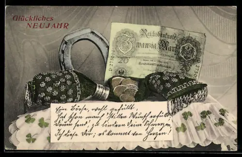 AK Neujahr, Geldschein und Hufeisen