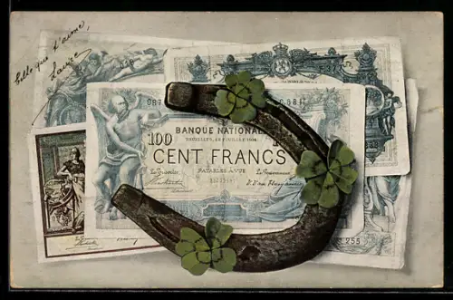 AK Frankreich, Banknote über 100 Francs, Hufeisen und Klee