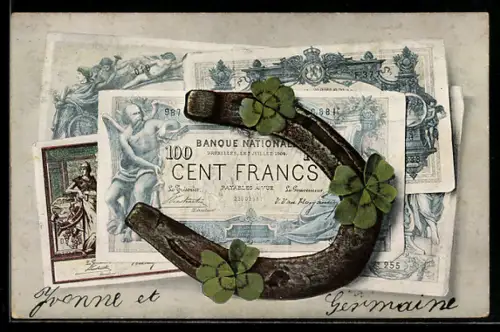 AK Frankreich, Banknote über 100 Francs, Hufeisen und Klee