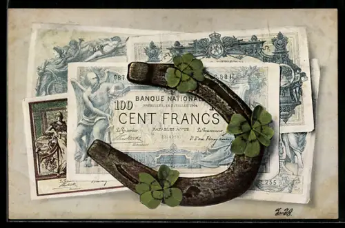 AK Frankreich, Banknote über 100 Francs, Hufeisen und Klee