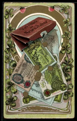 Präge-AK Diverse Reichsmark-Scheine fallen aus einer Brieftasche, Kleeblätter im Passepartout