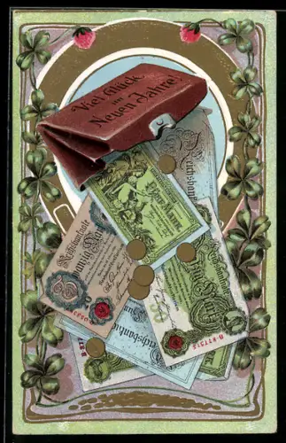 Präge-AK Diverse Reichsmark-Scheine fallen aus einer Brieftasche, Kleeblätter im Passepartout