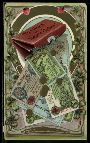 AK Diverse Reichsmark-Scheine fallen aus einer Brieftasche, Kleeblätter im Passepartout