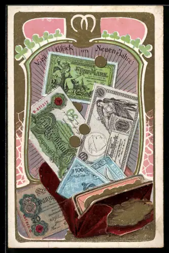 Präge-AK Diverse Reichsmark-Scheine neben einer Brieftasche