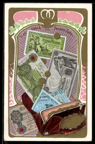 Präge-AK Diverse Reichsmark-Scheine neben einer Brieftasche