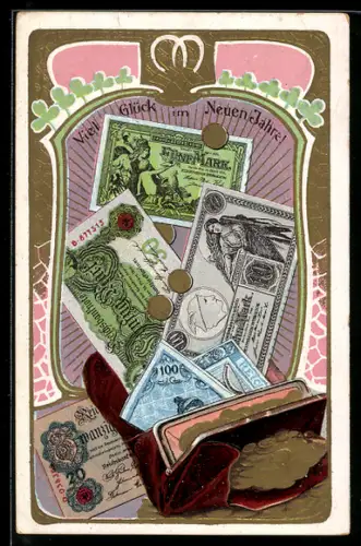 AK Geldbörse mit Geldscheinen und Geldstücken, Neujahr