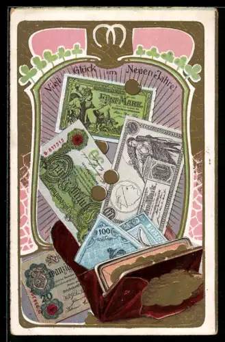 AK Geldbörse mit Geldscheinen und Geldstücken, Neujahr